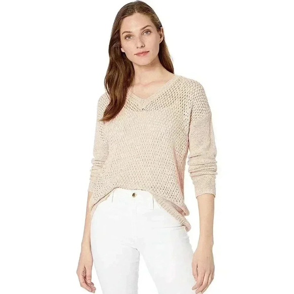 Women’s CALVIN KLEIN Beige Loose V-neck Sweater NEW - Picture 2 of 11